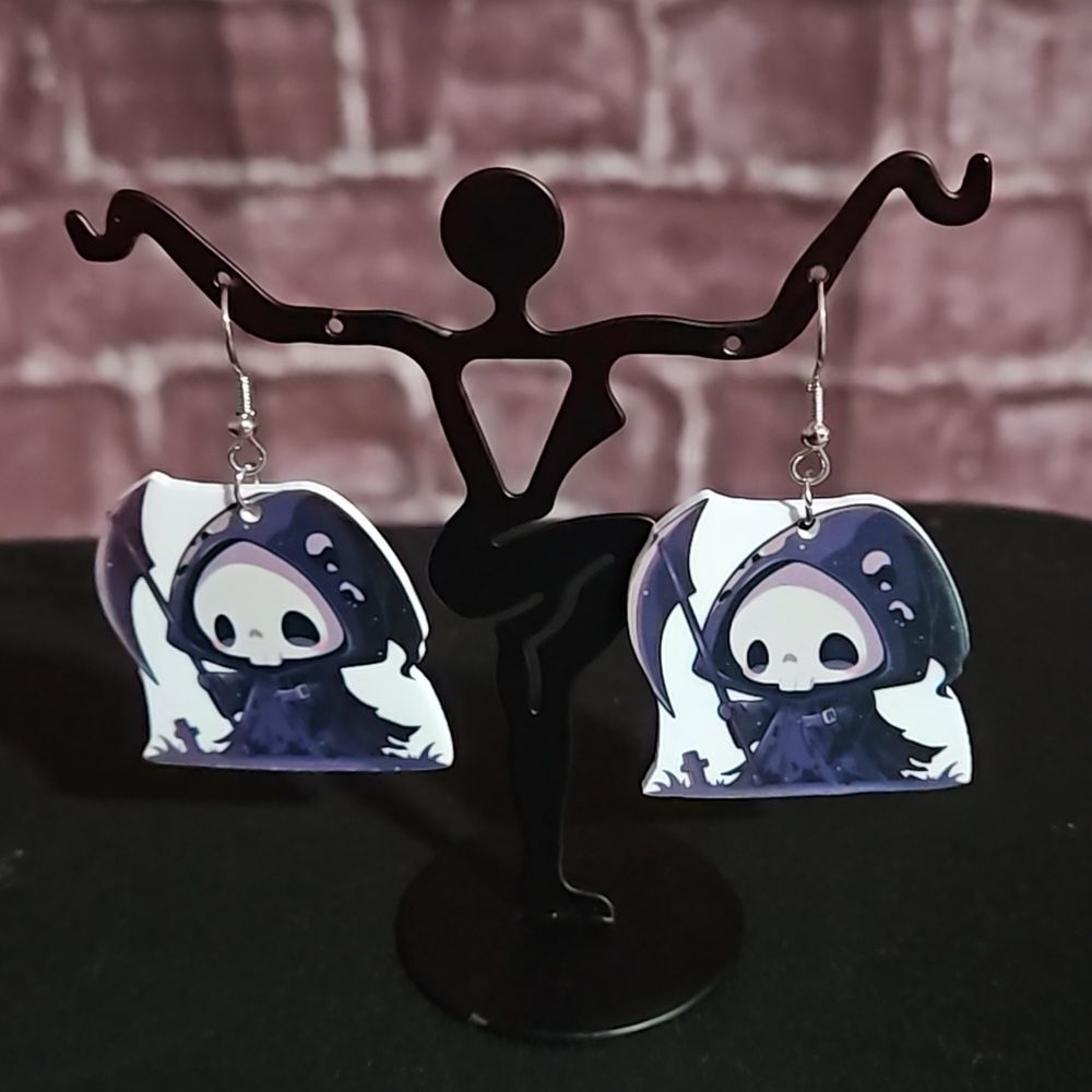 Acryllic 🎁 Lightweight Cute Grim Reaper Hook Style Earrings. NWT